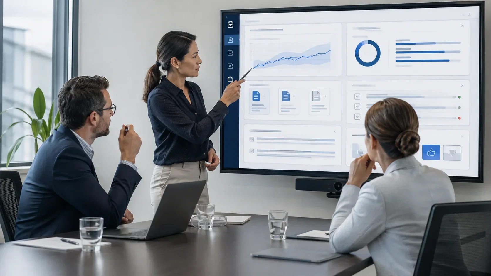 Business team reviewing AI-generated analysis and recommendations before human approval