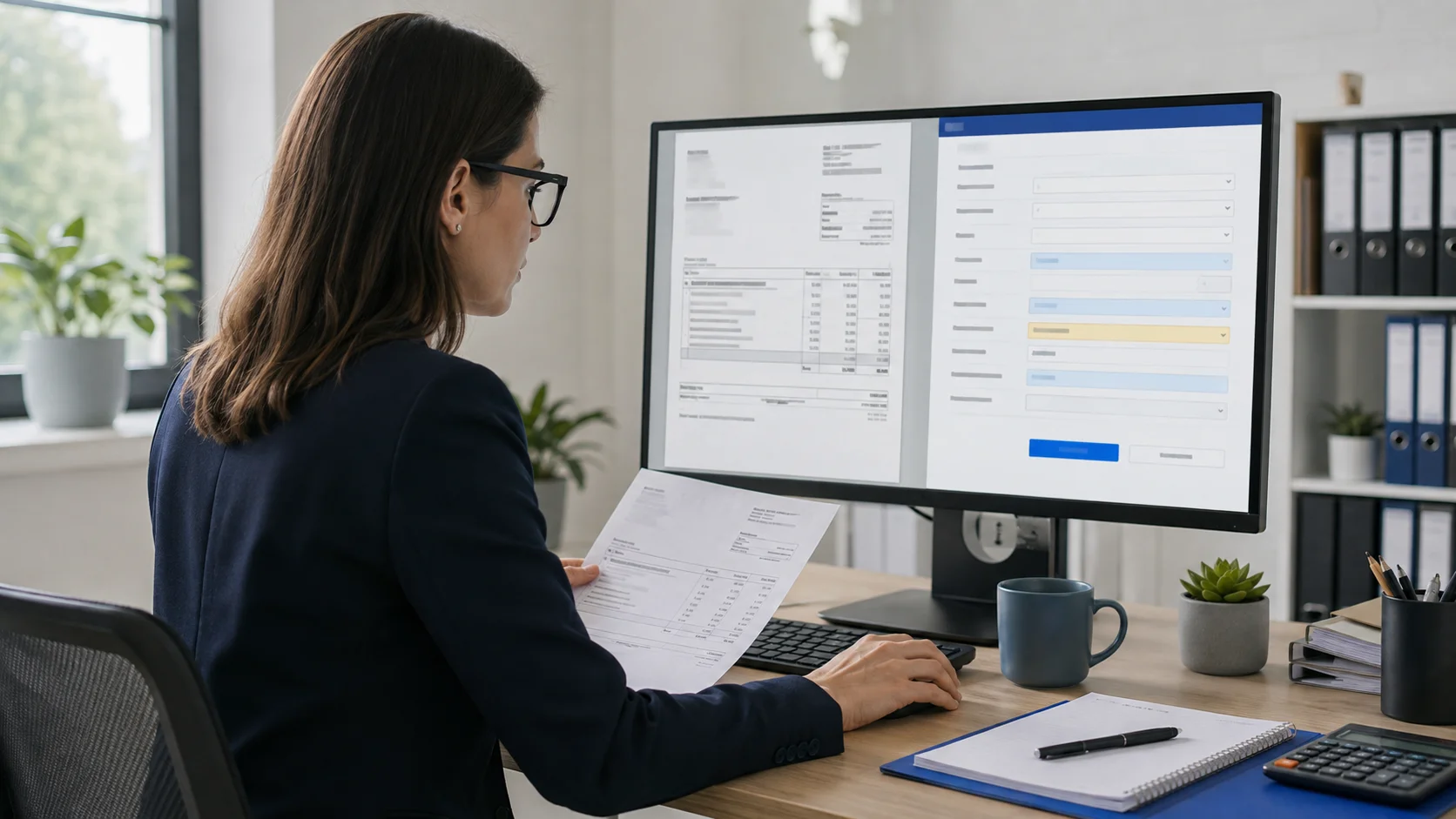 Employee verifying AI-extracted data against the original invoice