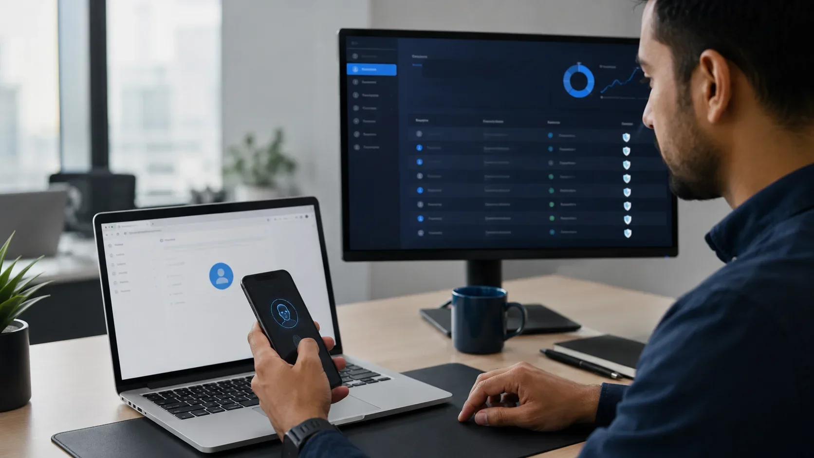 Employee confirming secure passkey access to a business system with an audit trail