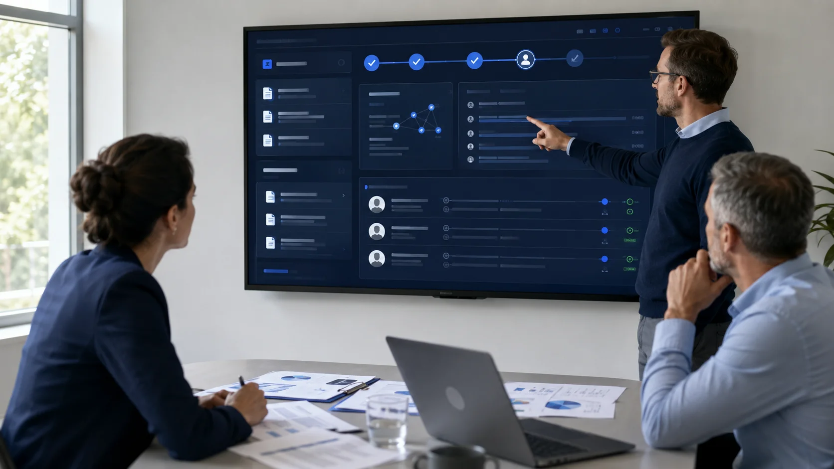 Business team reviewing the audit history of an AI-assisted workflow