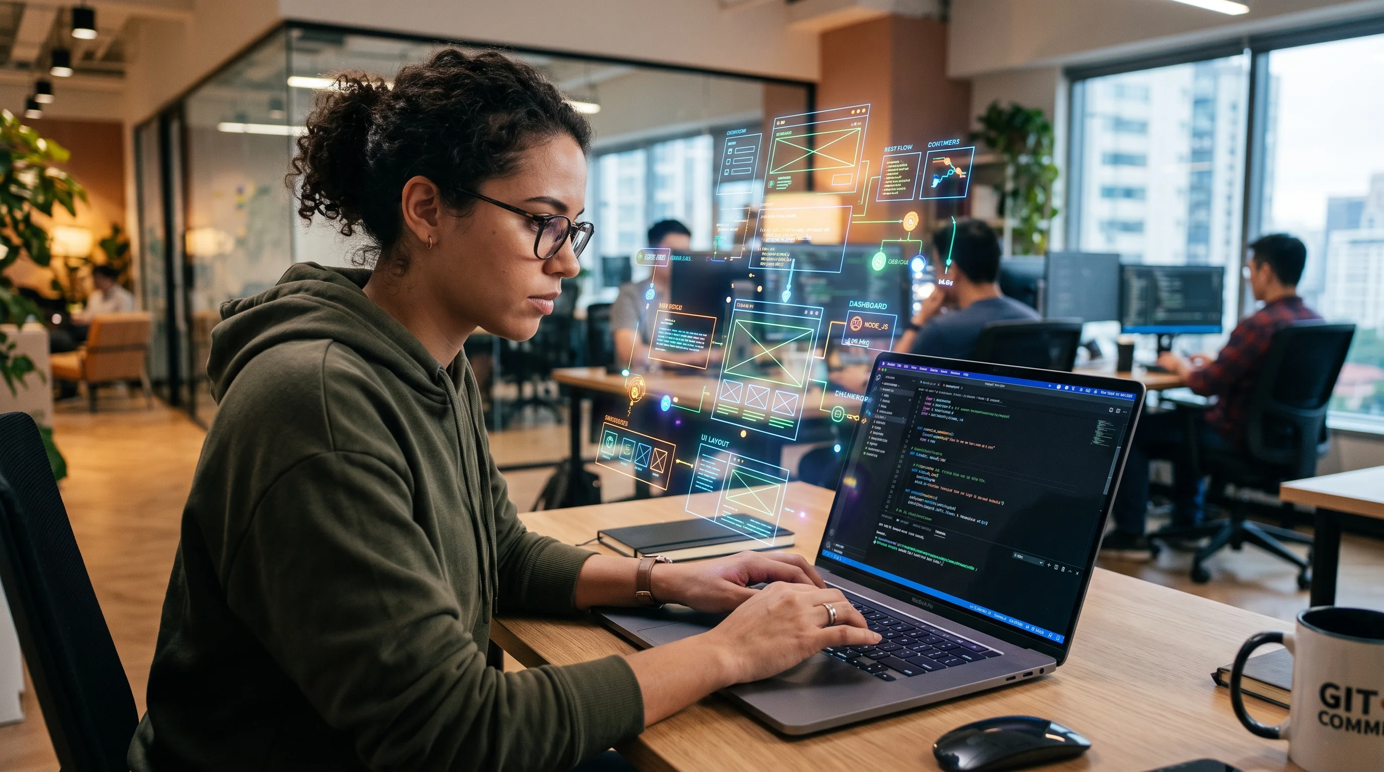 Professional software engineer working on a laptop with floating abstract digital wireframes and website structures.