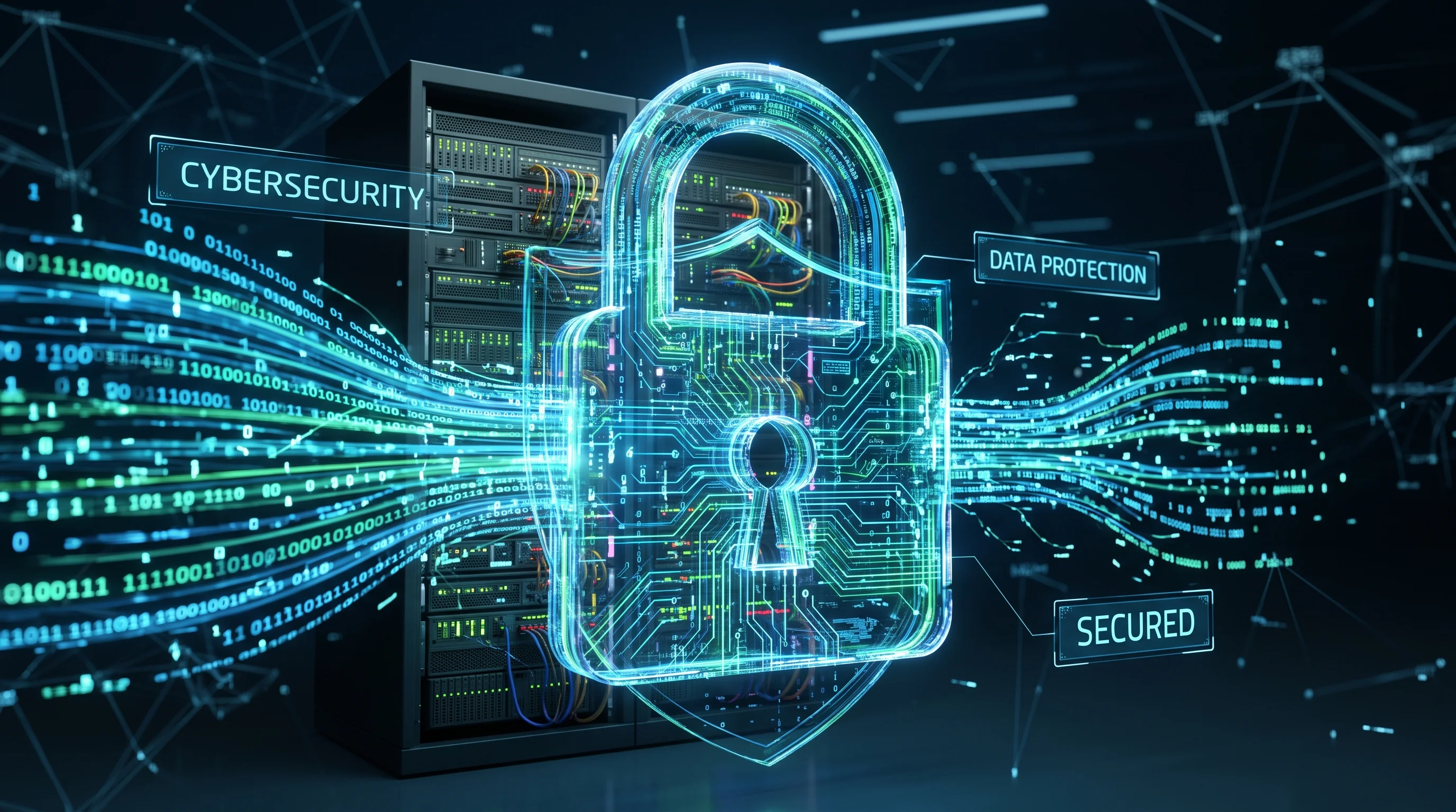 Digital padlock made of glowing blue and green data streams shielding a server rack, a cybersecurity and data protection concept.